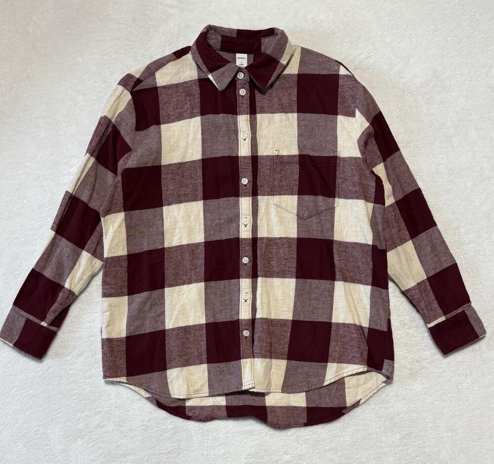 Old Navy Shirt Womens Petite Small Burgundy Check Plaid Long Sleeve Boyfriend